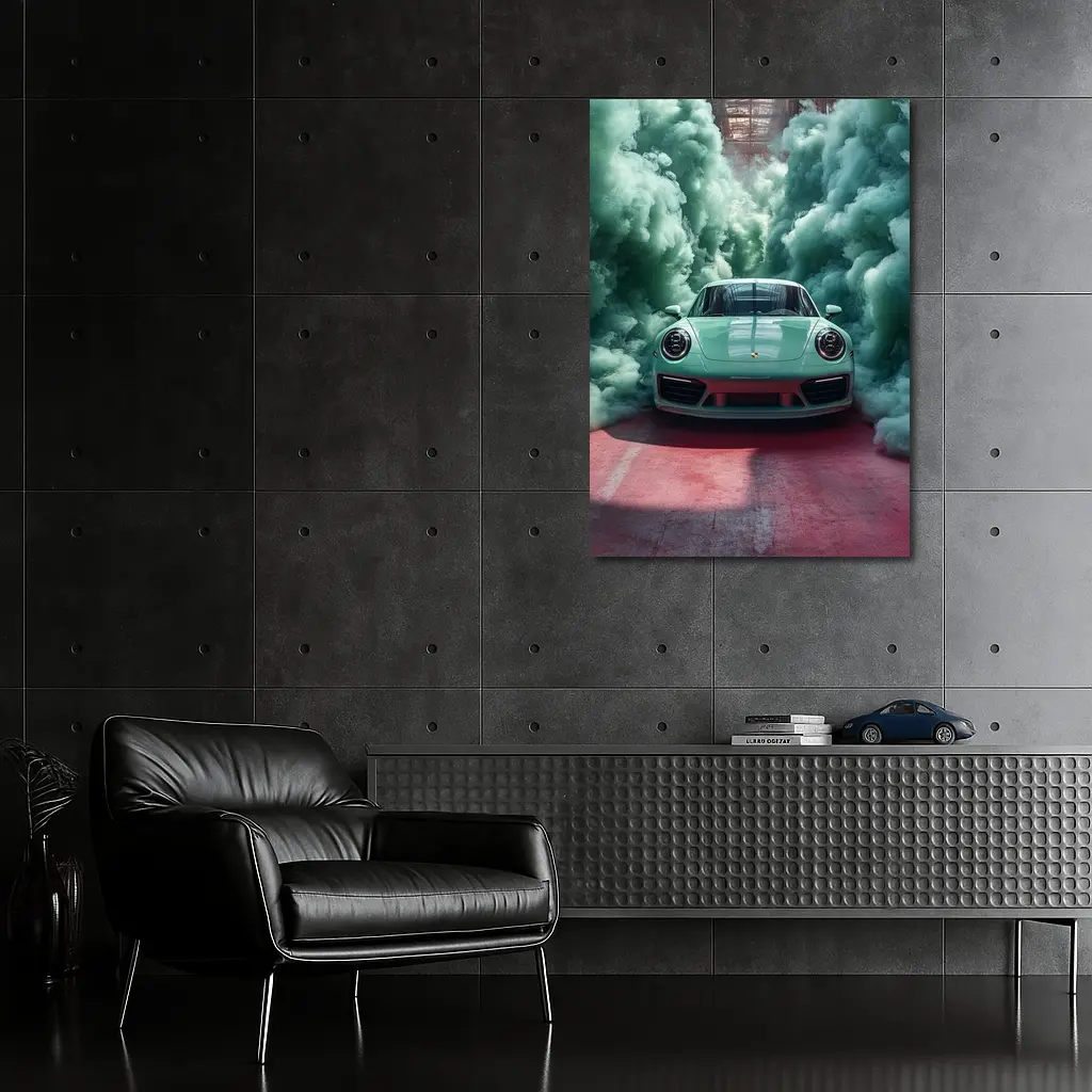 Porsche 911 Mint Green Smoke Filled Garage – Wall Art