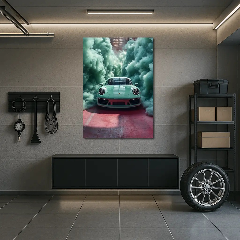 Porsche 911 Mint Green Smoke Filled Garage – Wall Art