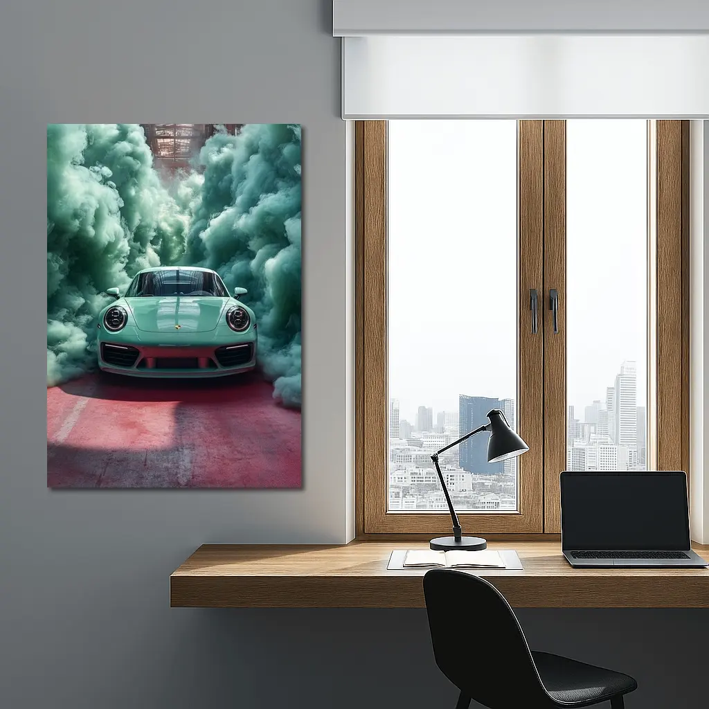 Porsche 911 Mint Green Smoke Filled Garage – Wall Art