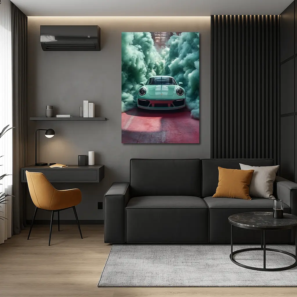 Porsche 911 Mint Green Smoke Filled Garage – Wall Art