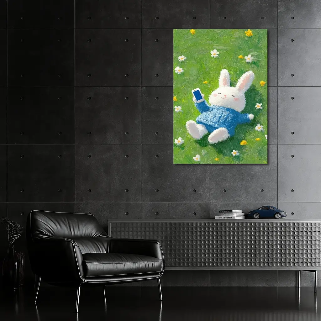 Cute White Bunny Relaxing On Flower Meadow – Wall Art