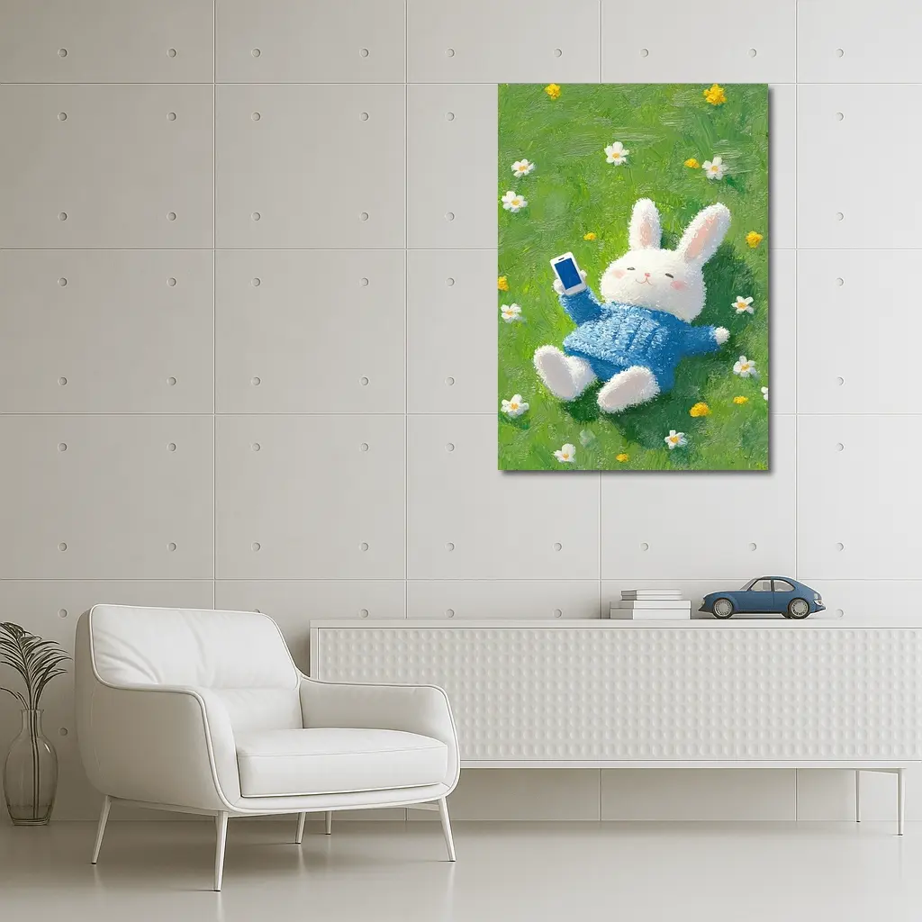 Cute White Bunny Relaxing On Flower Meadow – Wall Art