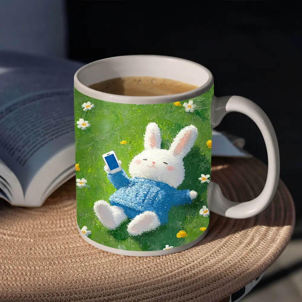 Cute White Bunny Relaxing On Flower Meadow – Mugs