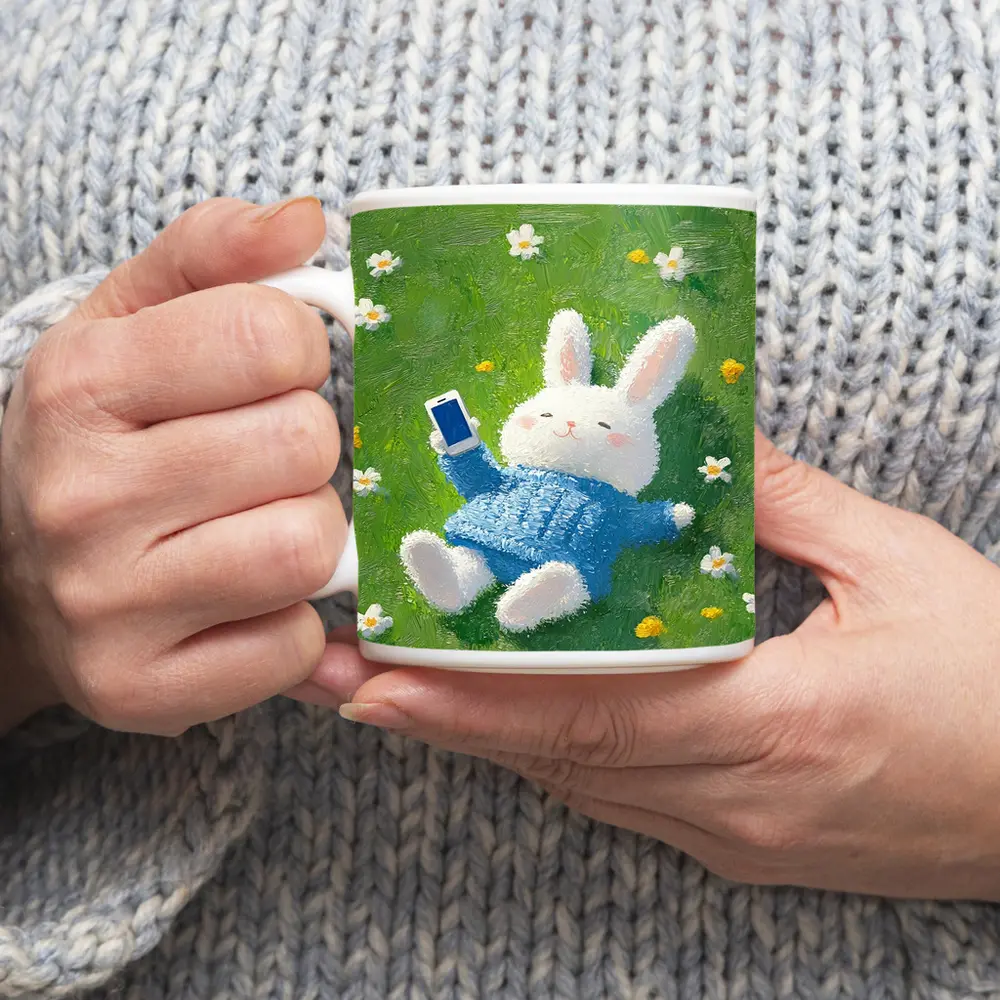 Cute White Bunny Relaxing On Flower Meadow – Mugs