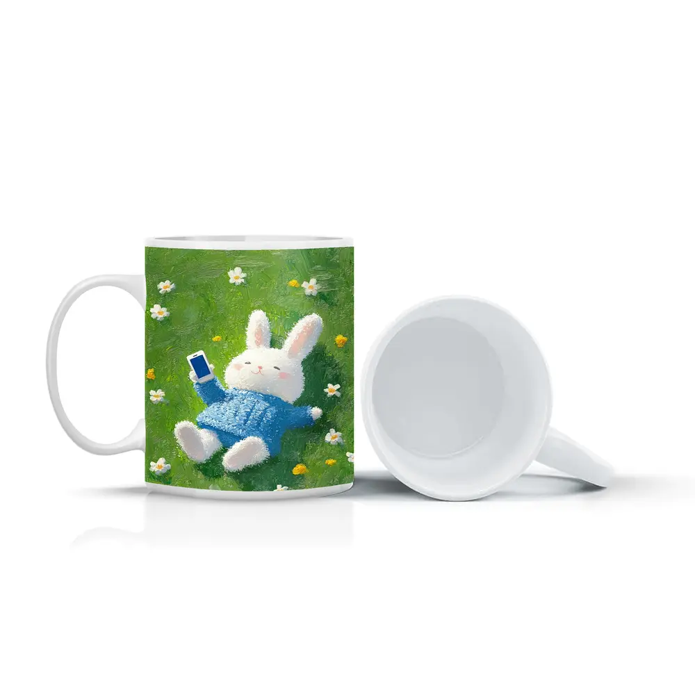 Cute White Bunny Relaxing On Flower Meadow – Mugs