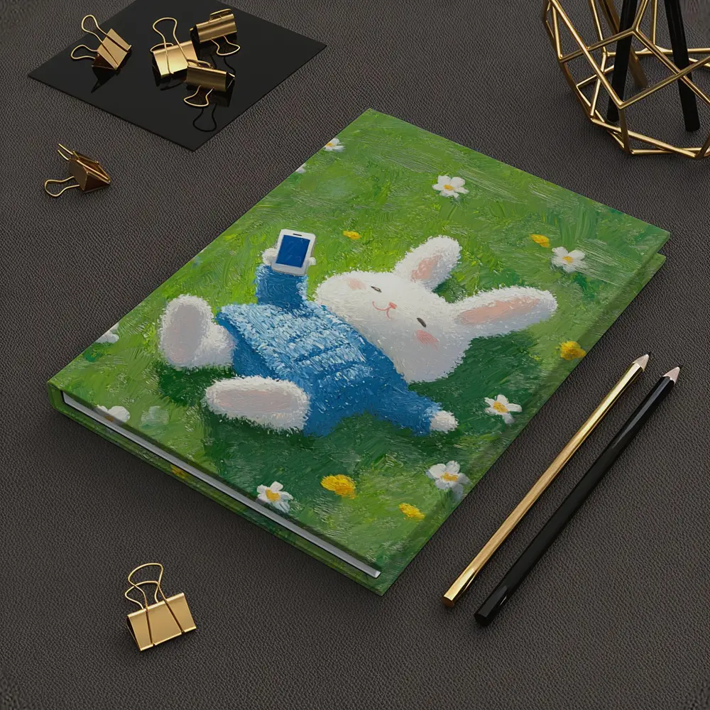 Cute White Bunny Relaxing On Flower Meadow – Notebooks