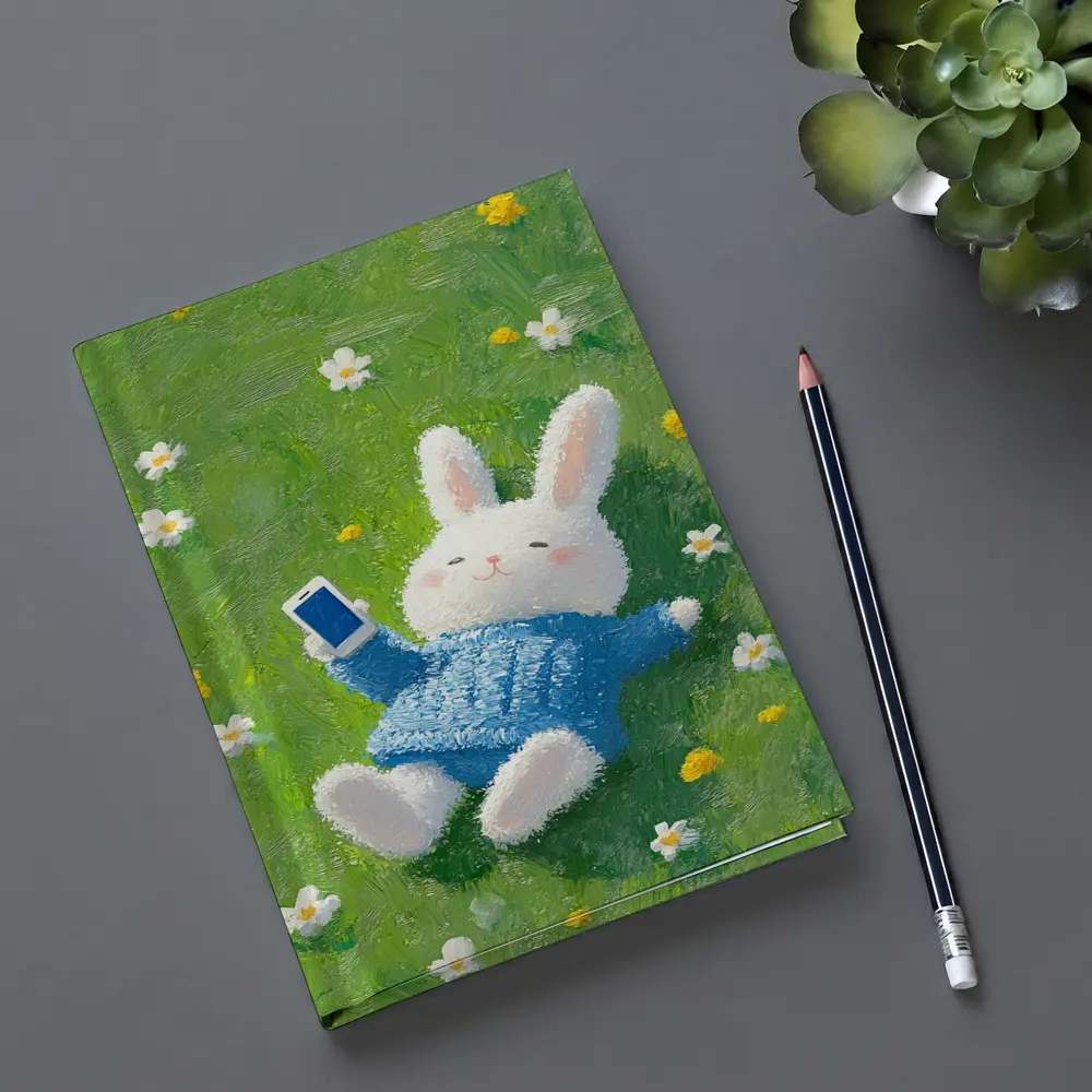 Cute White Bunny Relaxing On Flower Meadow – Notebooks