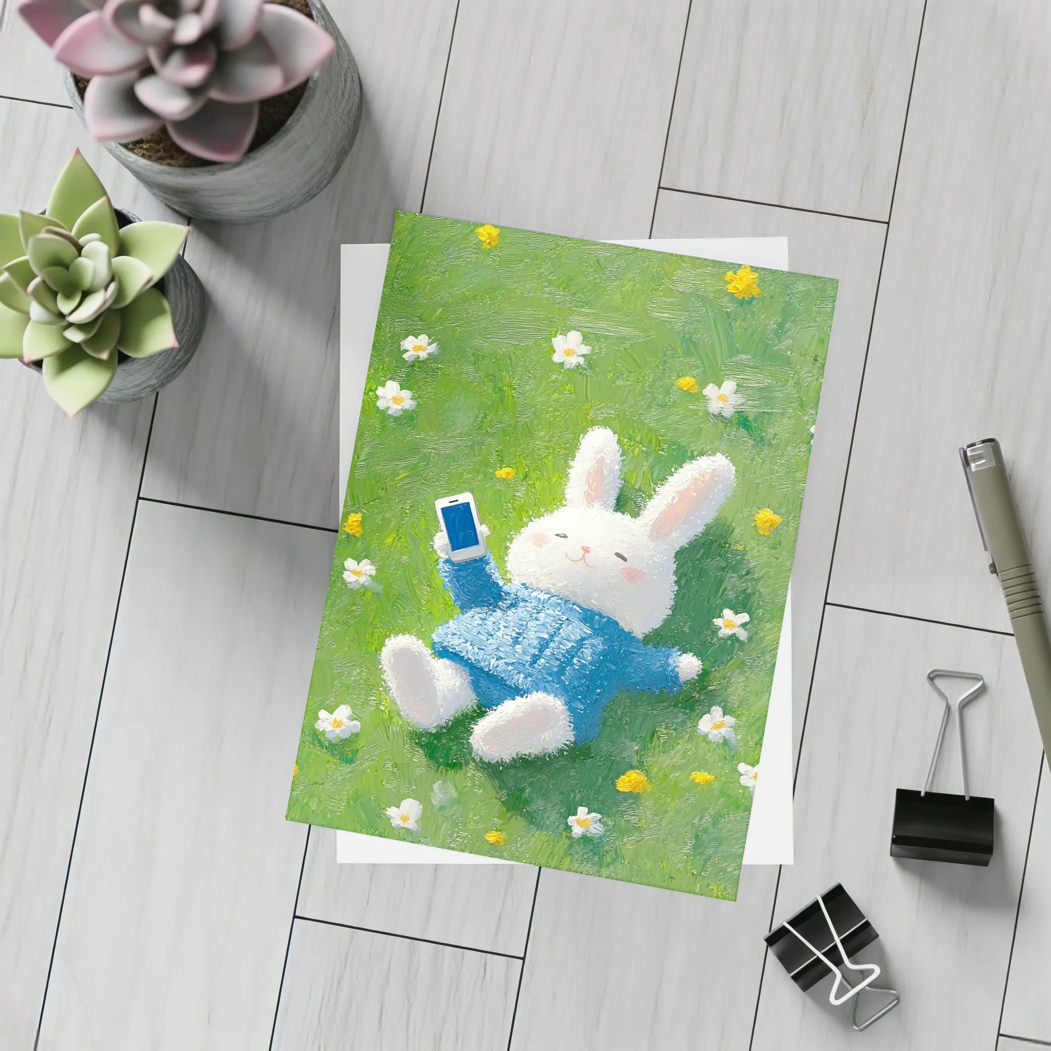 Cute White Bunny Relaxing On Flower Meadow – Postcards