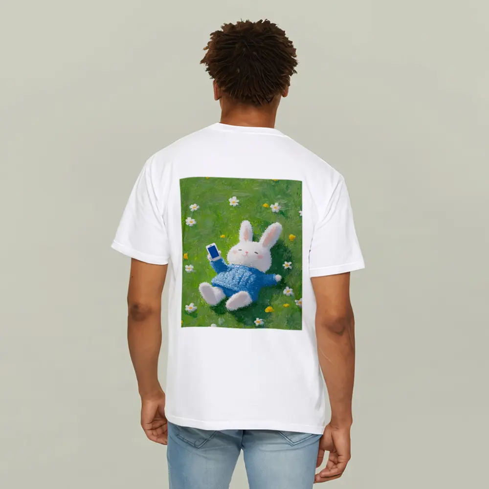 Cute White Bunny Relaxing On Flower Meadow – T-Shirts