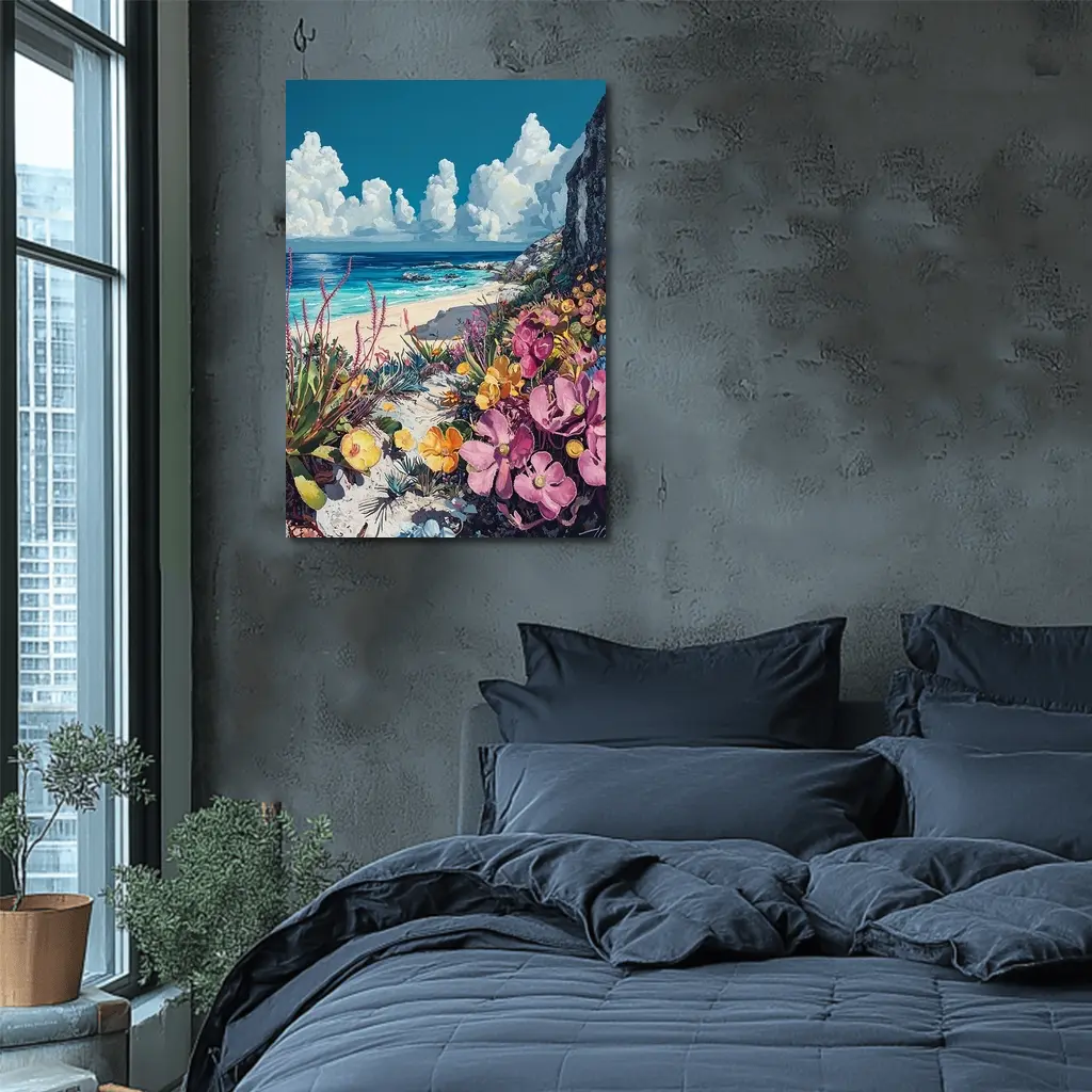 Coastal Wildflowers Beach Ocean Cliff Painting – Wall Art