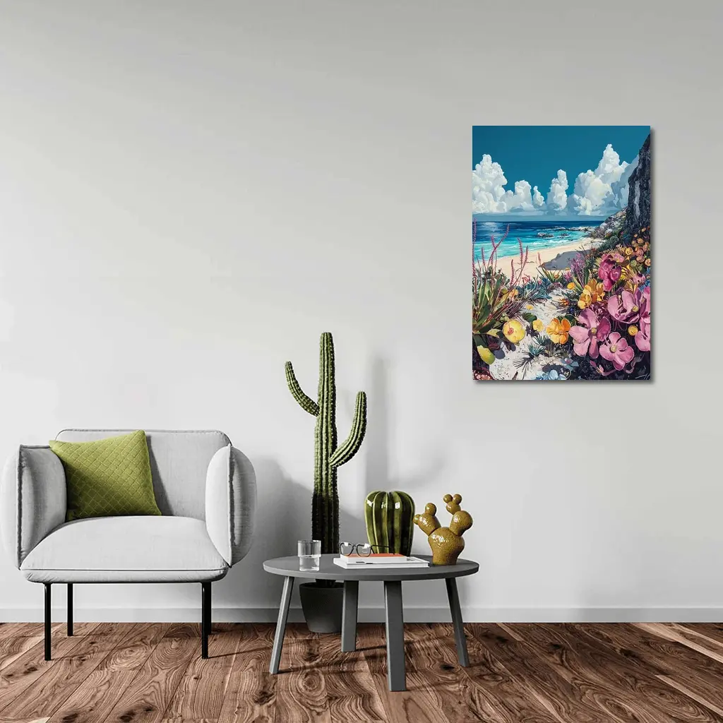 Coastal Wildflowers Beach Ocean Cliff Painting – Wall Art