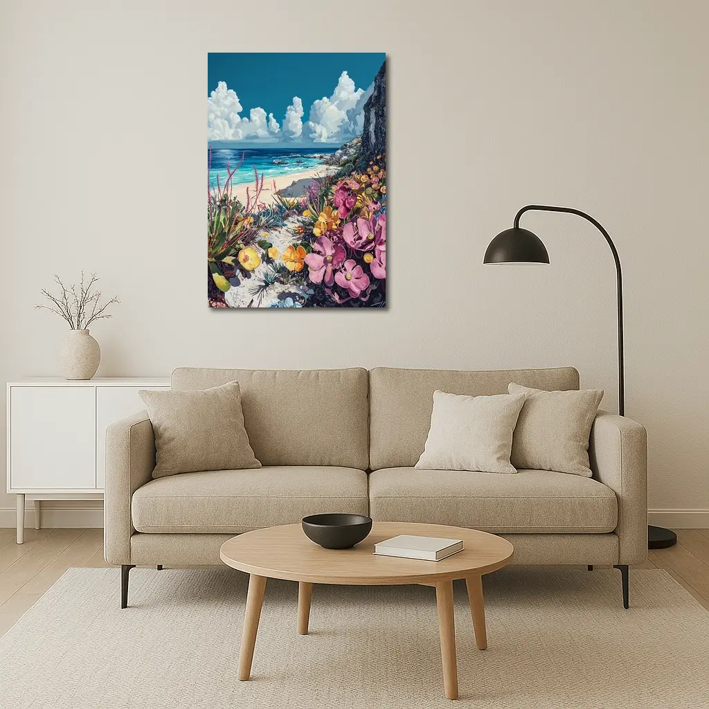 Coastal Wildflowers Beach Ocean Cliff Painting – Wall Art