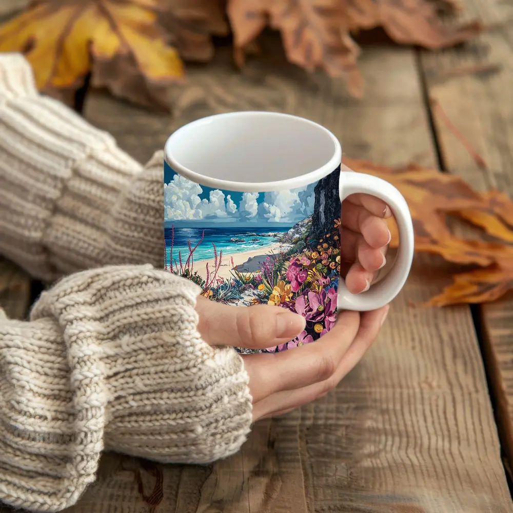 Coastal Wildflowers Beach Ocean Cliff Painting – Mugs
