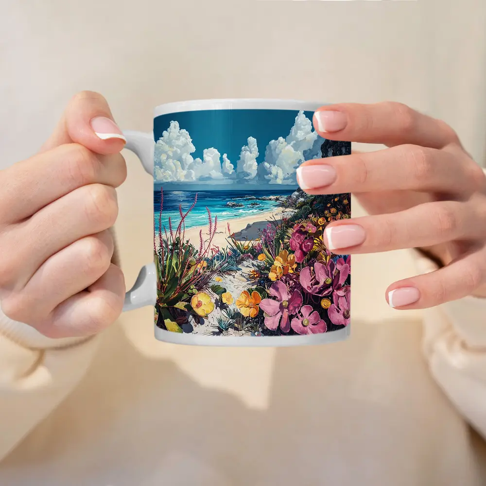Coastal Wildflowers Beach Ocean Cliff Painting – Mugs