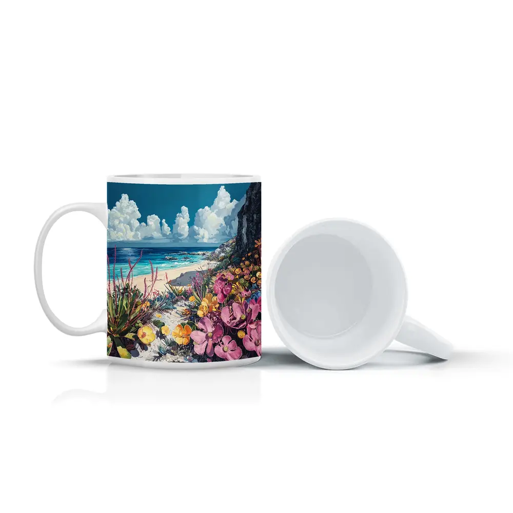 Coastal Wildflowers Beach Ocean Cliff Painting – Mugs