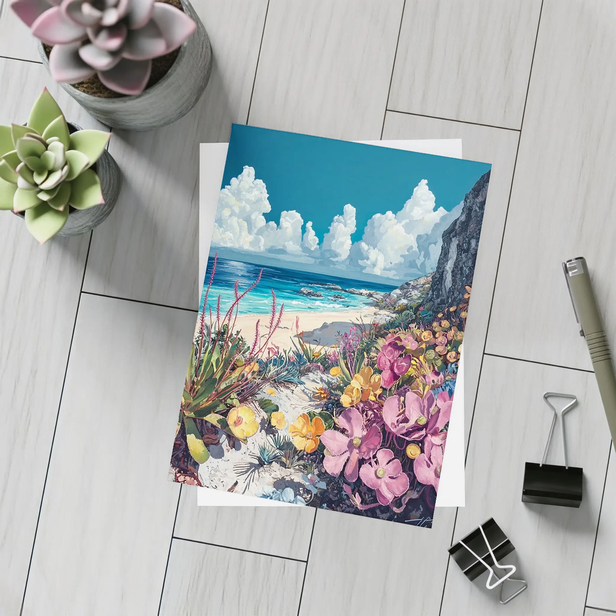 Coastal Wildflowers Beach Ocean Cliff Painting – Postcards