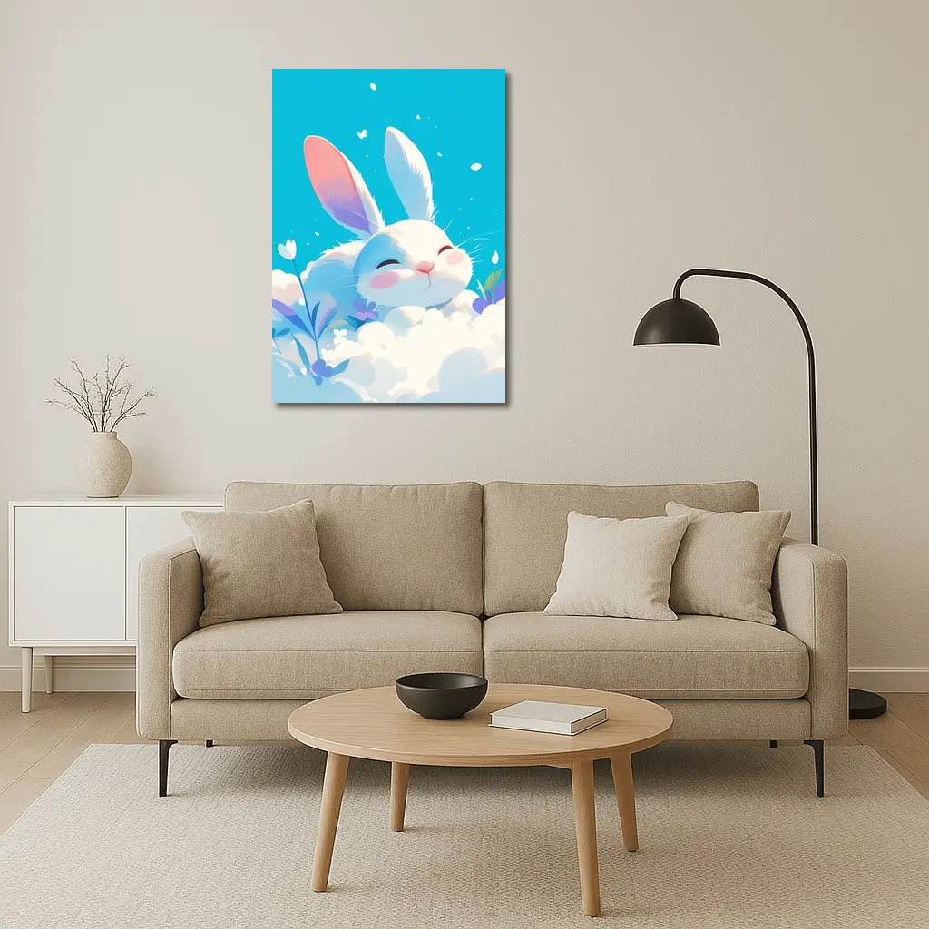 Cute White Bunny Sleeping on Clouds – Wall Art