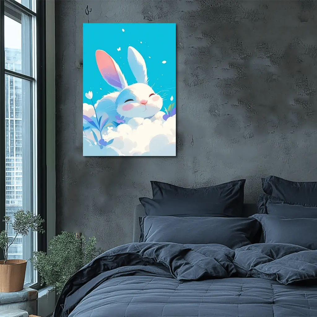 Cute White Bunny Sleeping on Clouds – Wall Art
