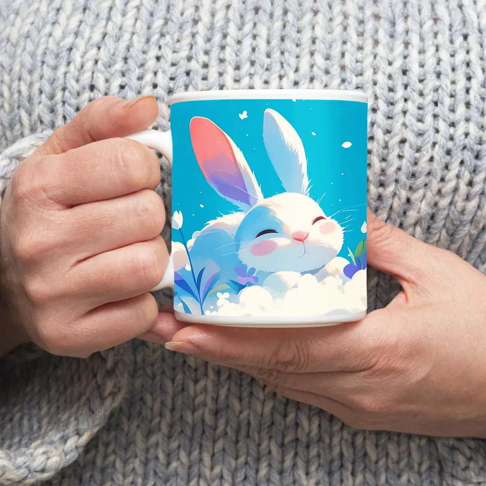 Cute White Bunny Sleeping on Clouds – Mugs