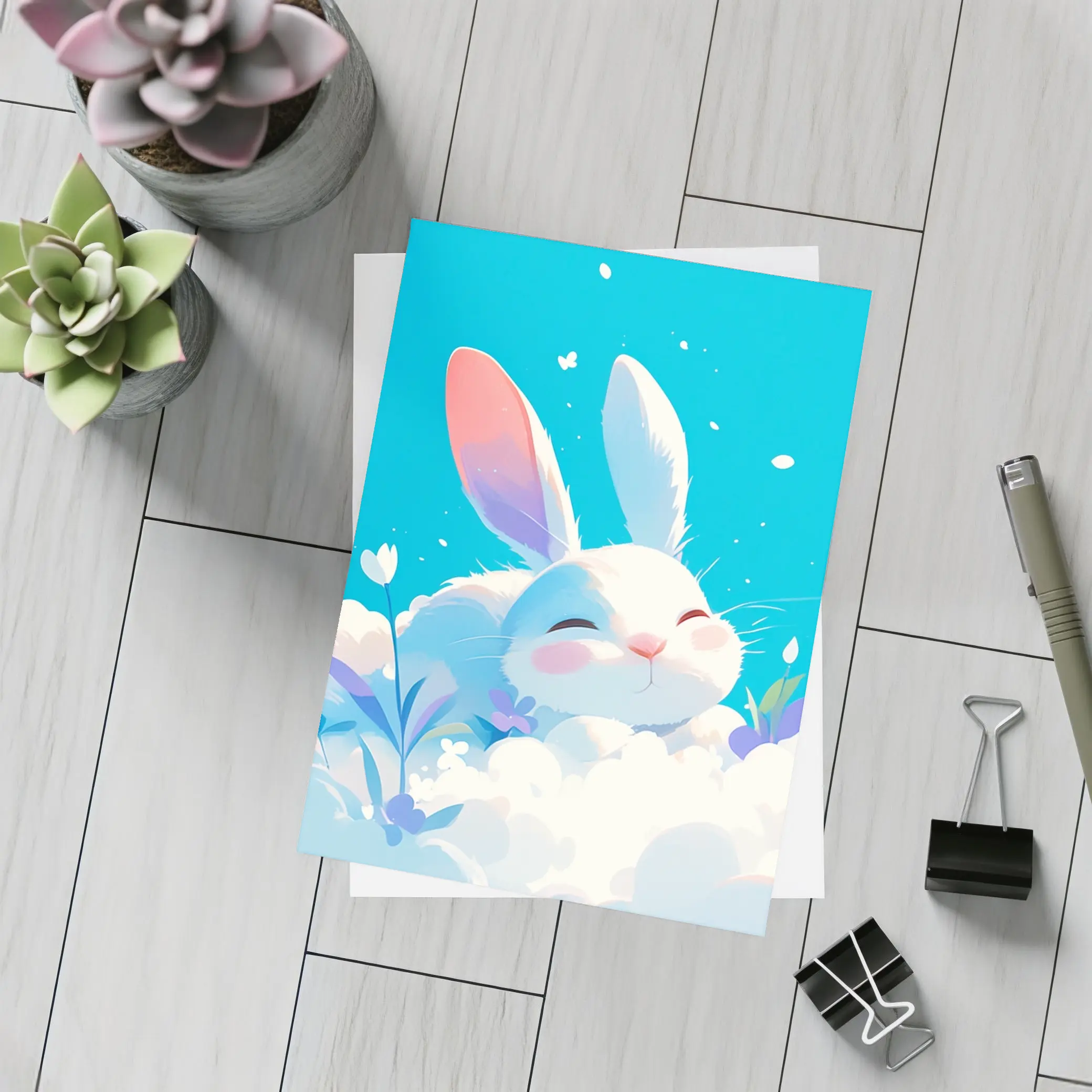 Cute White Bunny Sleeping on Clouds – Postcards