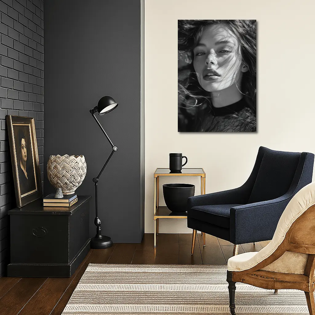Black and White Woman Portrait Sunlight Hair – Wall Art