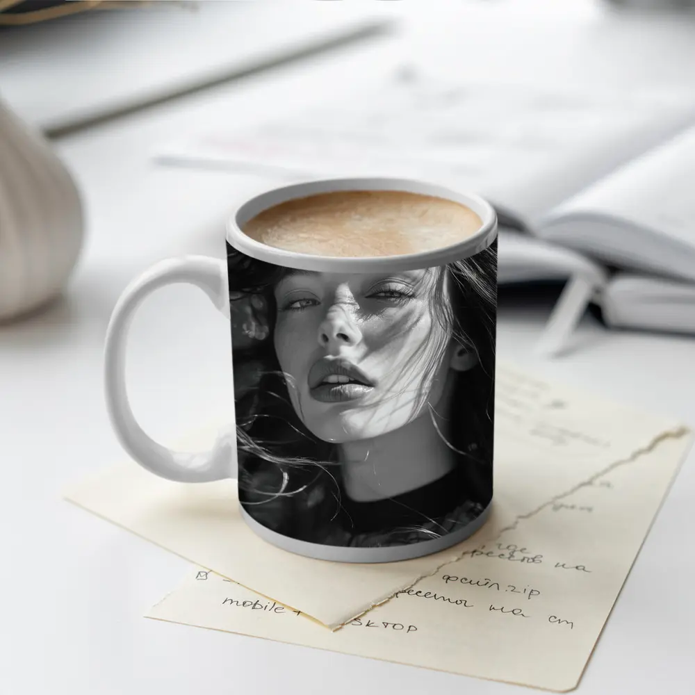 Black and White Woman Portrait Sunlight Hair – Mugs
