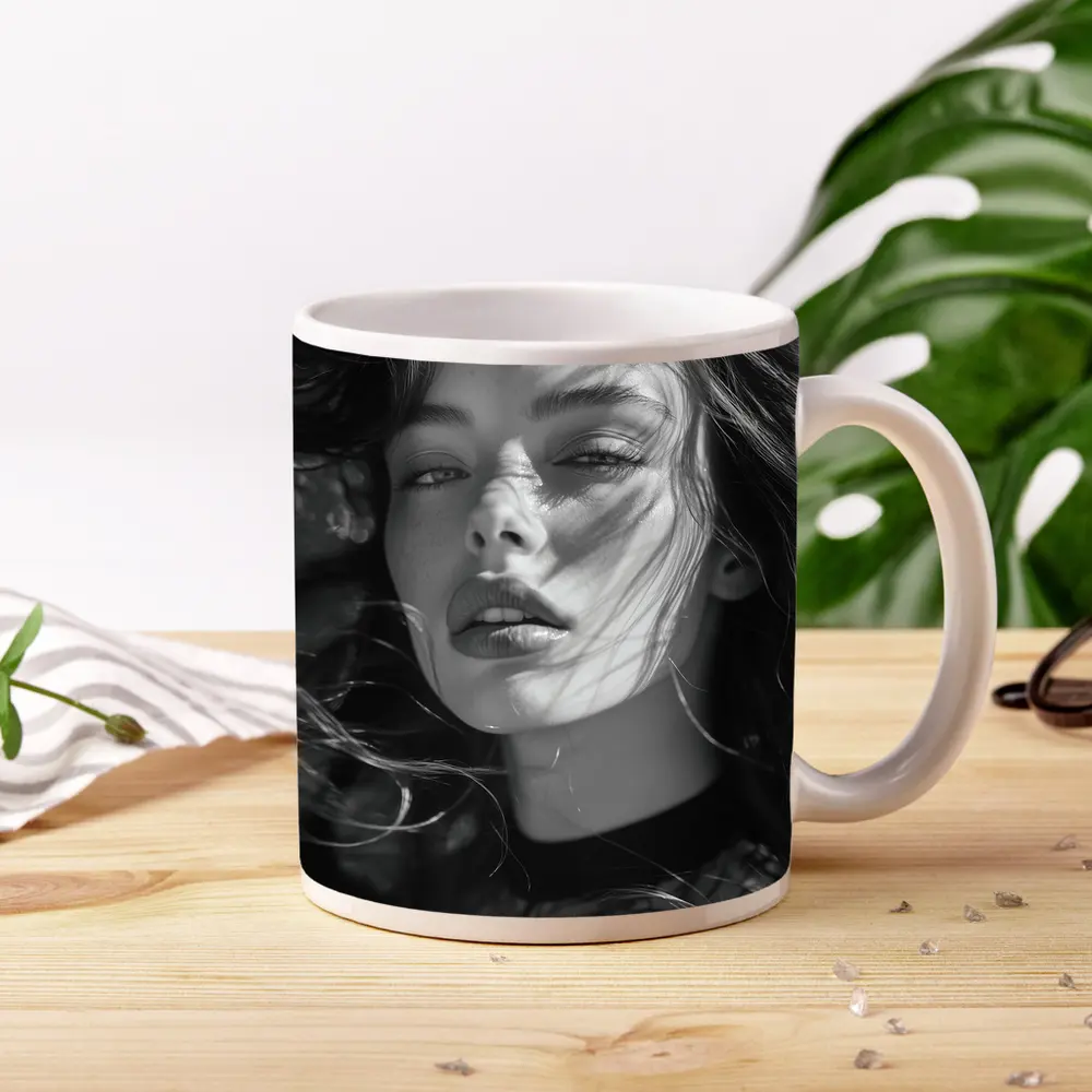 Black and White Woman Portrait Sunlight Hair – Mugs