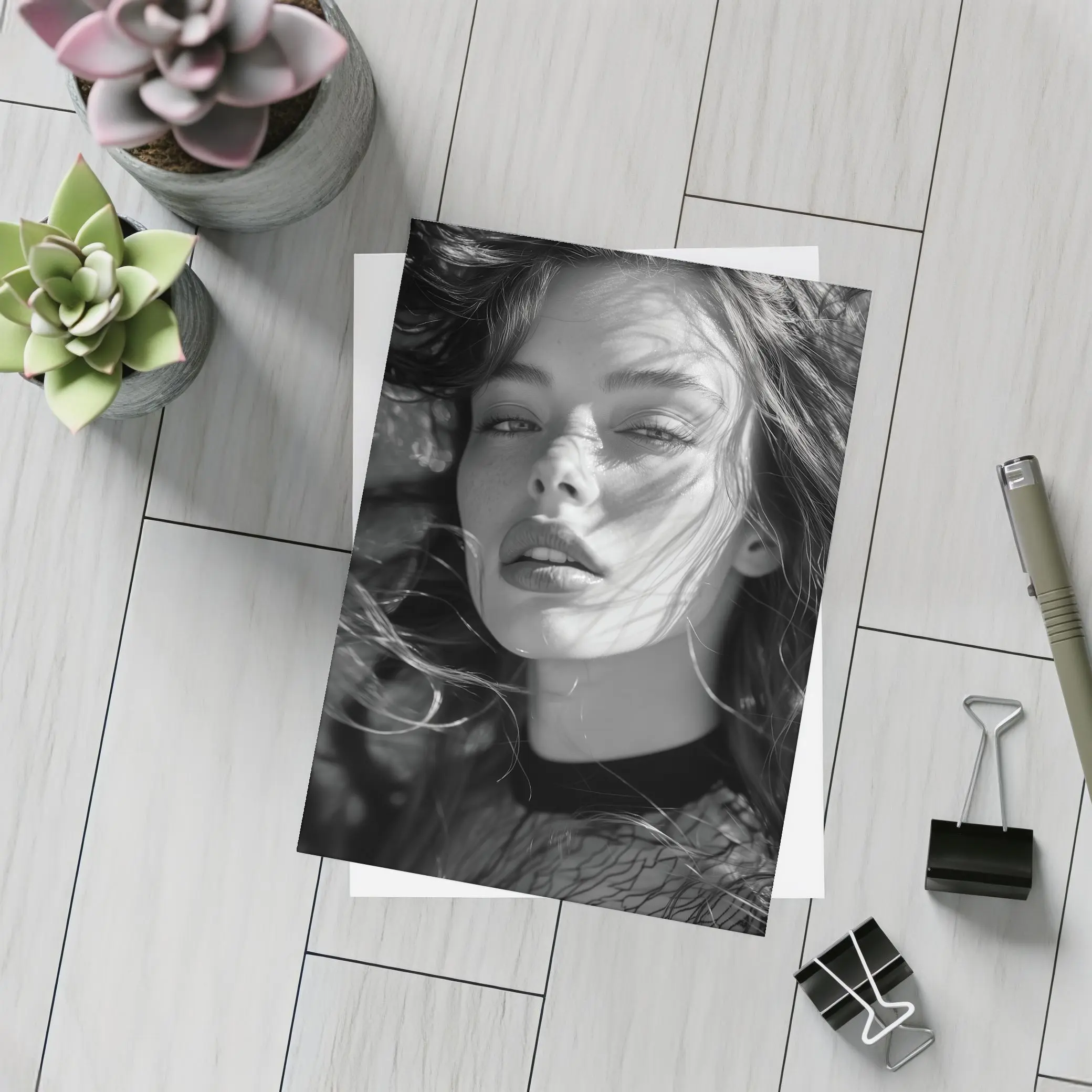 Black and White Woman Portrait Sunlight Hair – Postcards