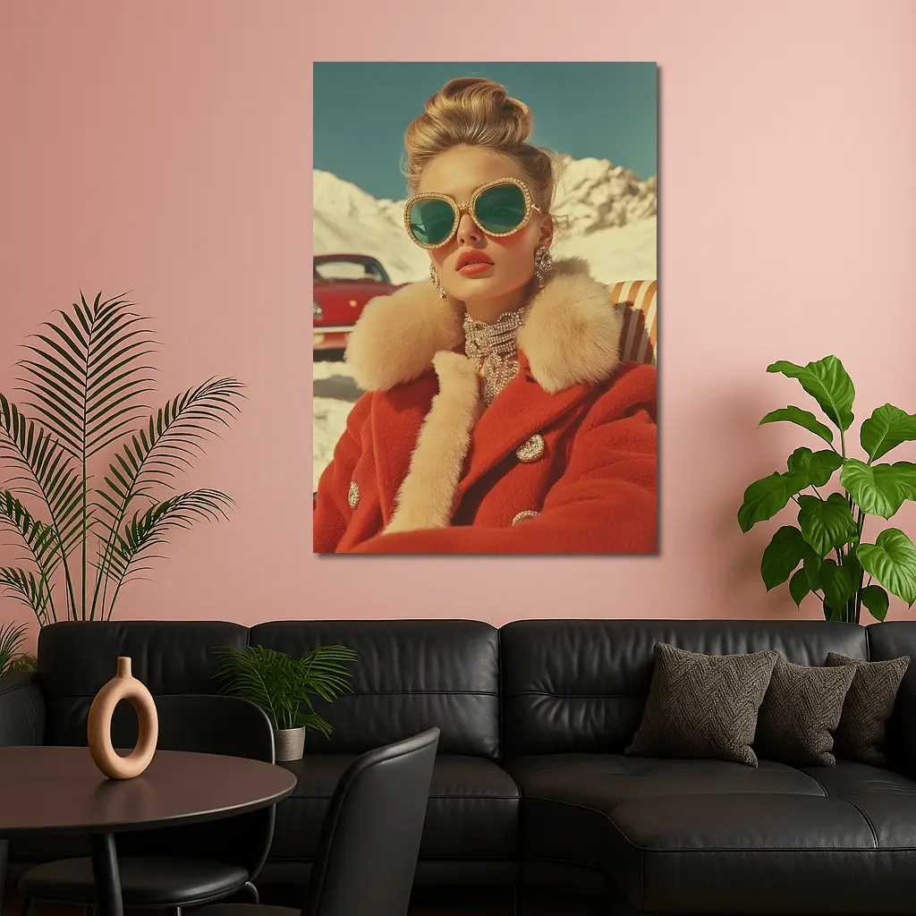Retro Fashion Woman Red Coat Snowy Alps – Wall Art