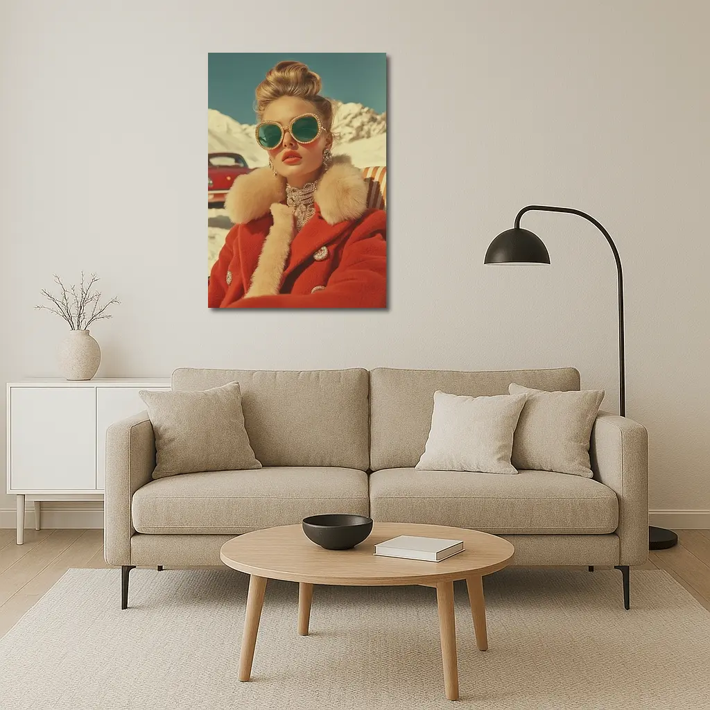 Retro Fashion Woman Red Coat Snowy Alps – Wall Art