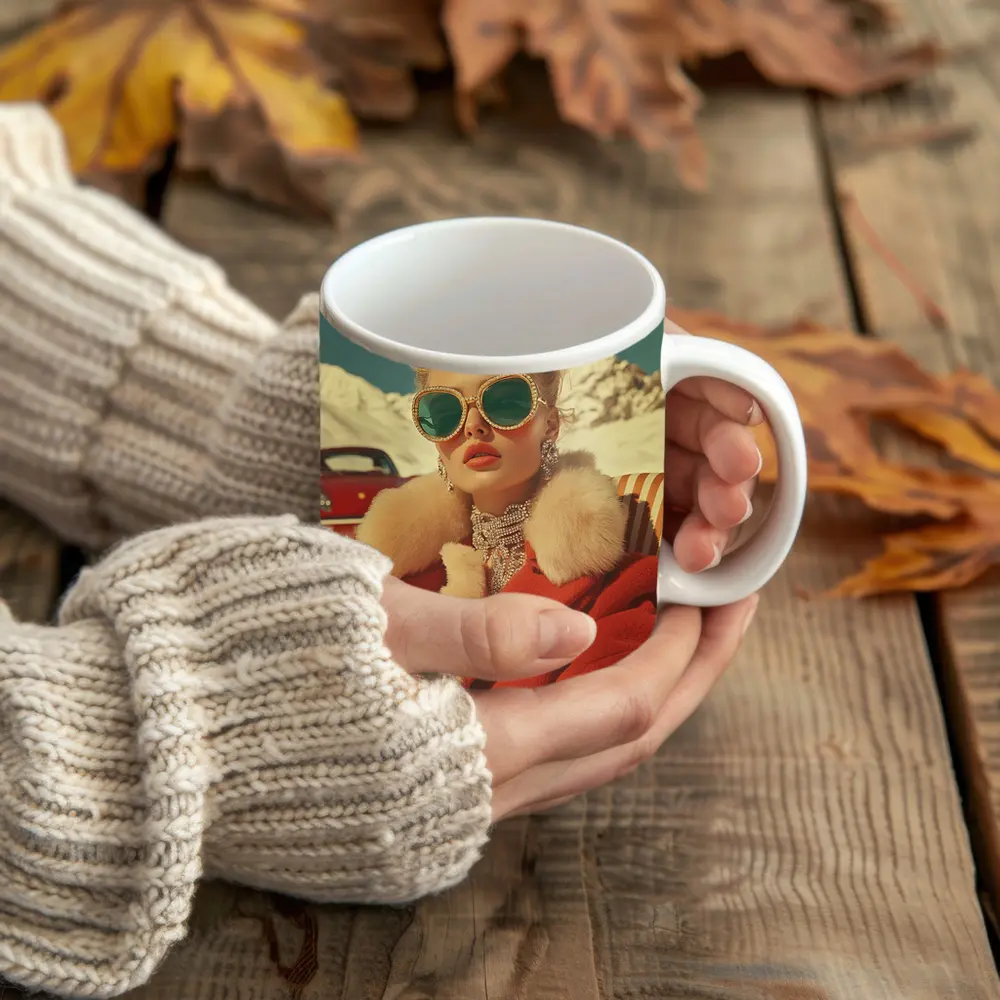 Retro Fashion Woman Red Coat Snowy Alps – Mugs
