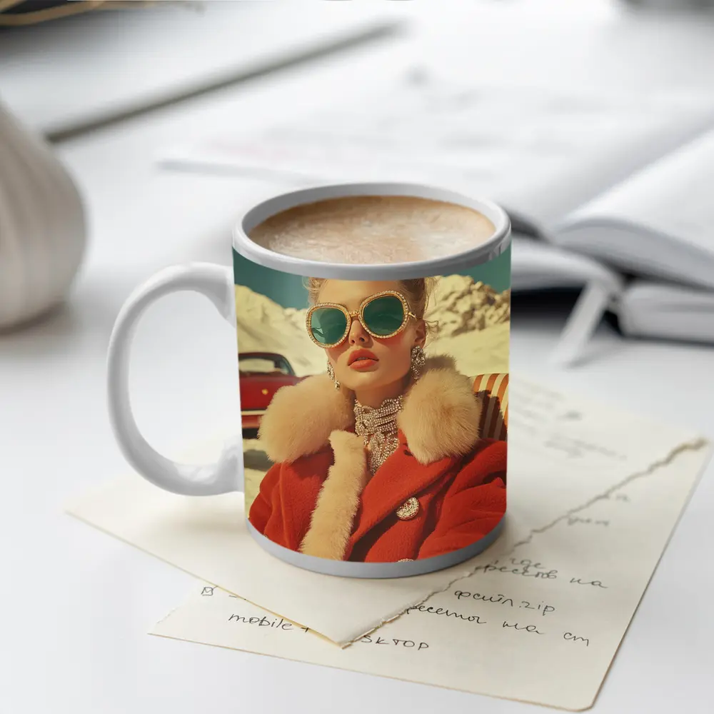 Retro Fashion Woman Red Coat Snowy Alps – Mugs
