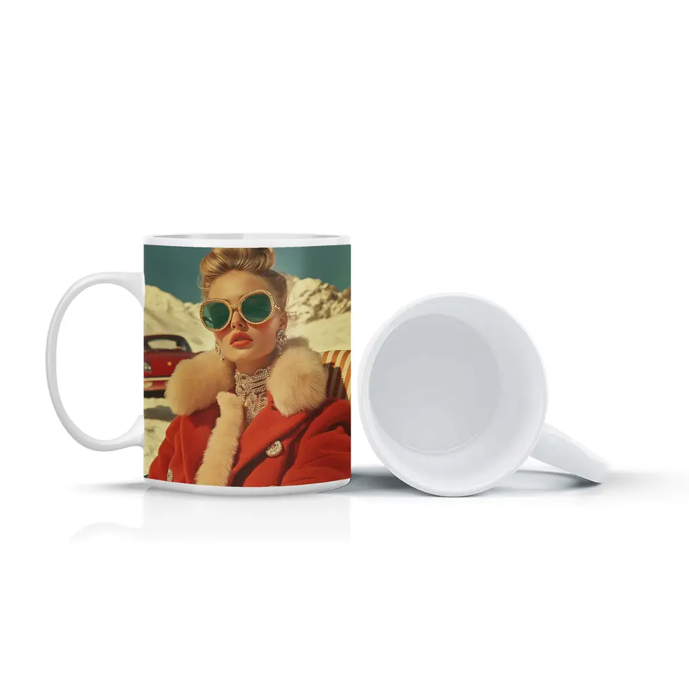 Retro Fashion Woman Red Coat Snowy Alps – Mugs