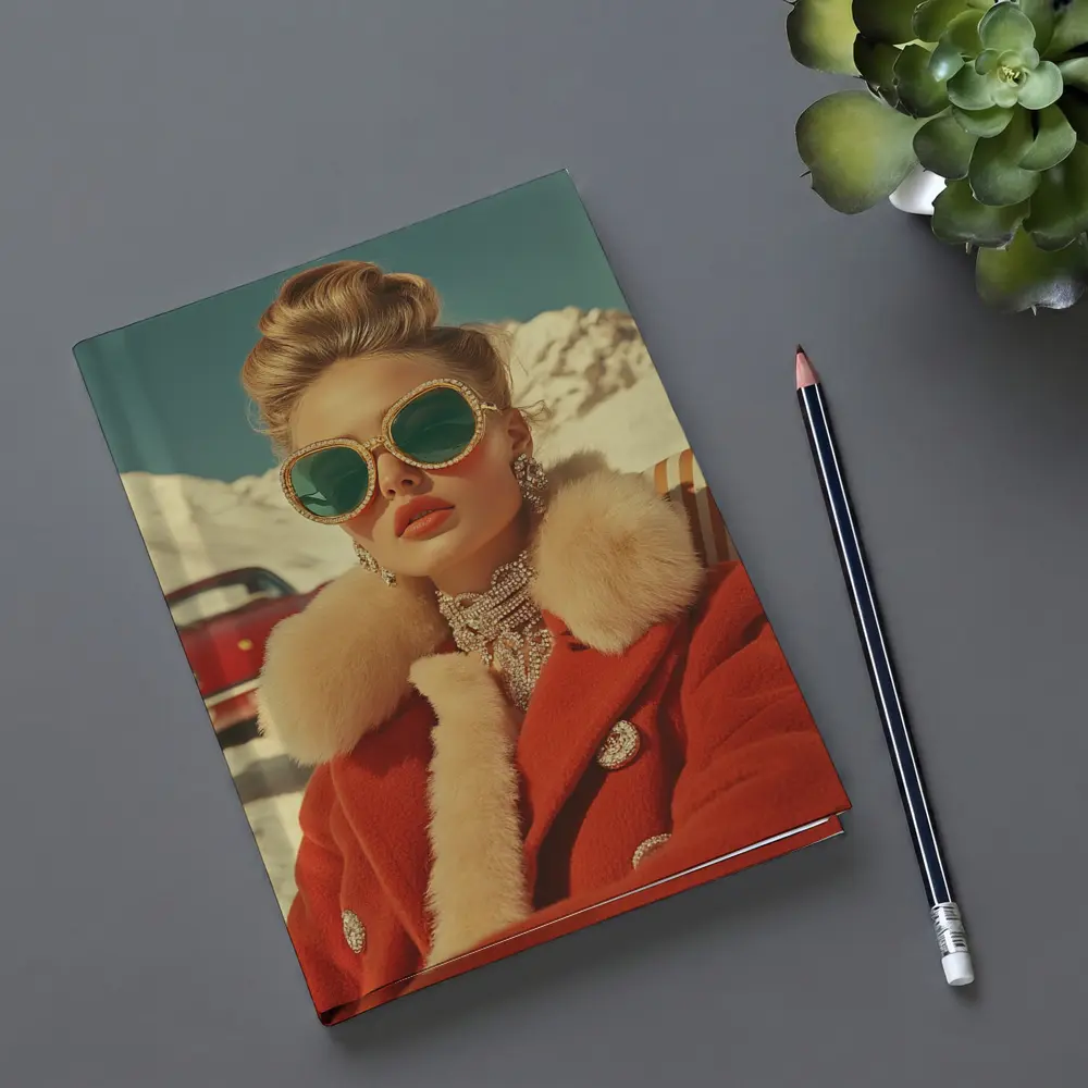 Retro Fashion Woman Red Coat Snowy Alps – Notebooks