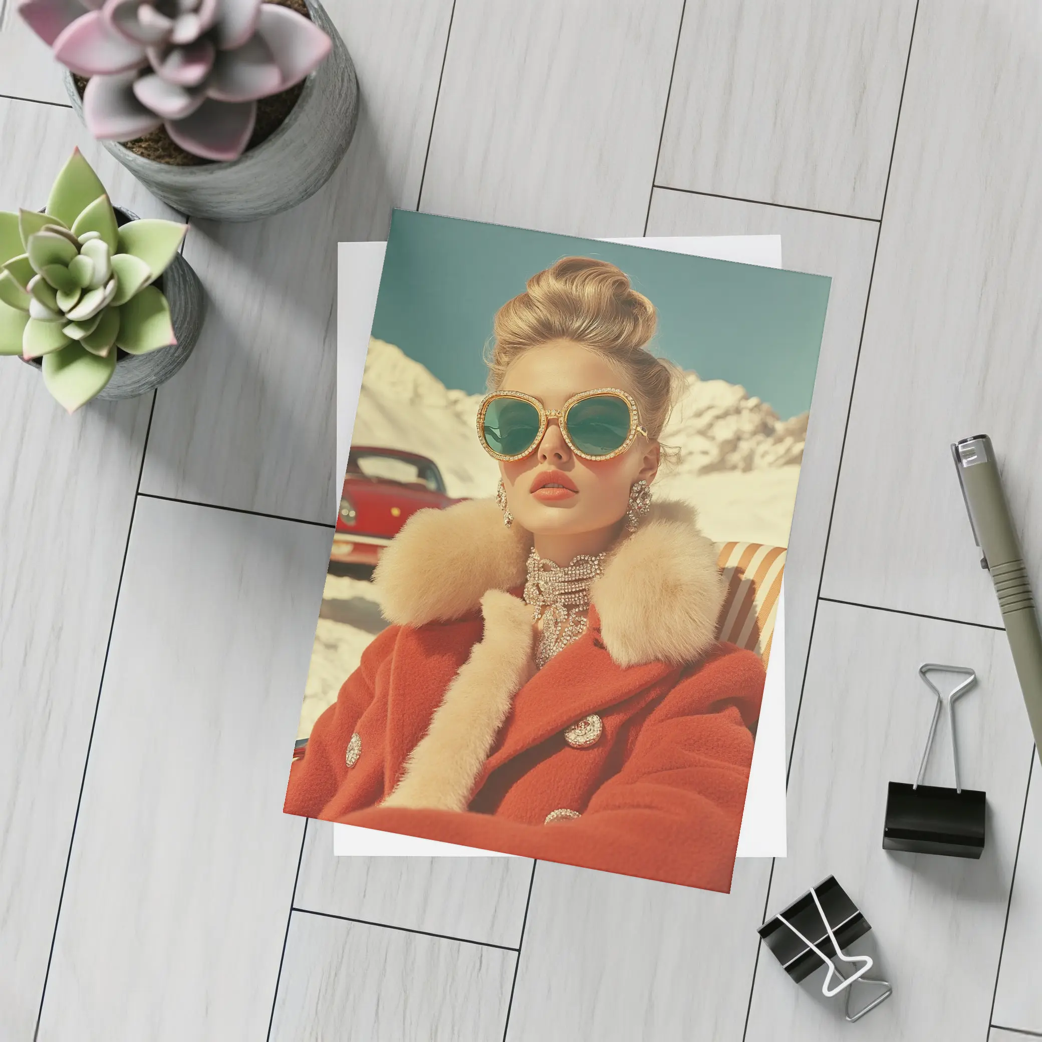 Retro Fashion Woman Red Coat Snowy Alps – Postcards