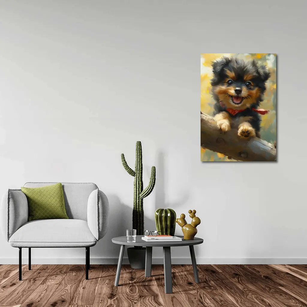 Happy Yorkie Puppy Oil Painting Yellow Background – Wall Art