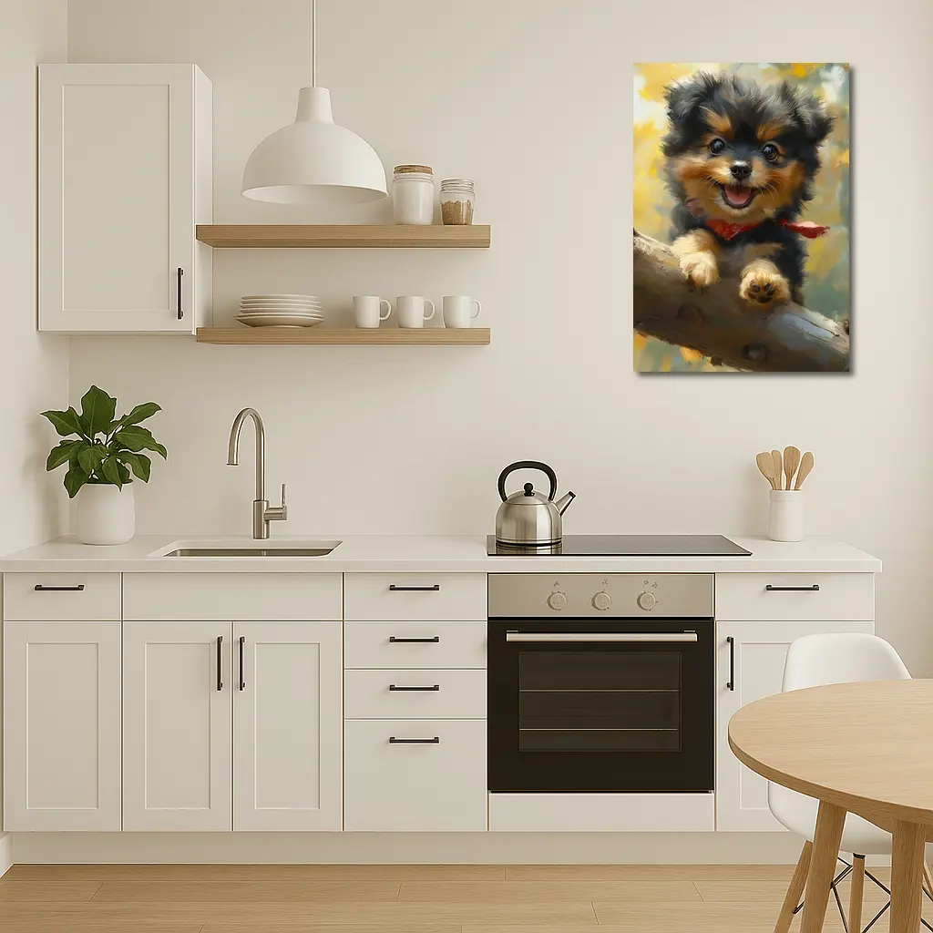 Happy Yorkie Puppy Oil Painting Yellow Background – Wall Art