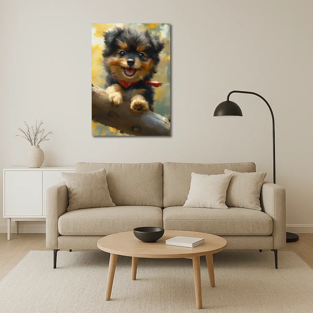 Happy Yorkie Puppy Oil Painting Yellow Background – Wall Art