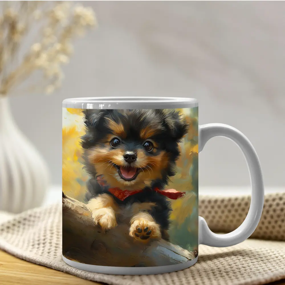 Happy Yorkie Puppy Oil Painting Yellow Background – Mugs