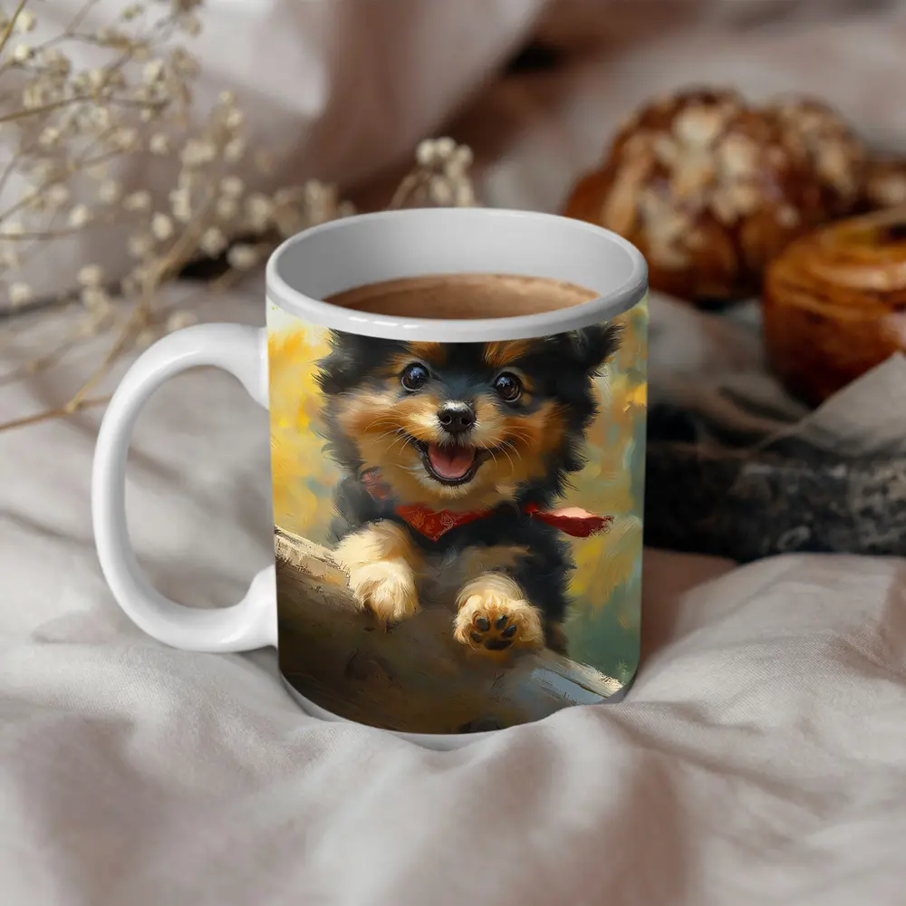 Happy Yorkie Puppy Oil Painting Yellow Background – Mugs