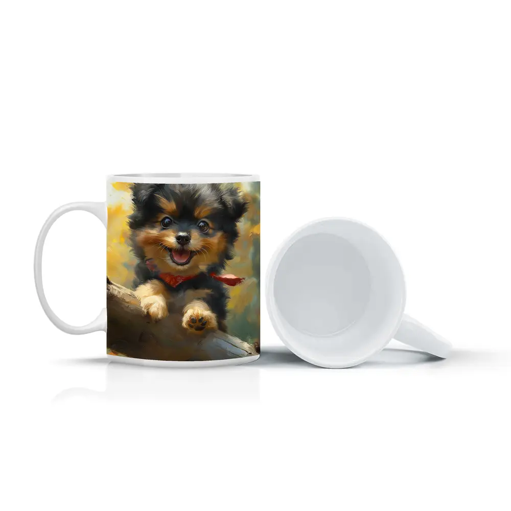 Happy Yorkie Puppy Oil Painting Yellow Background – Mugs