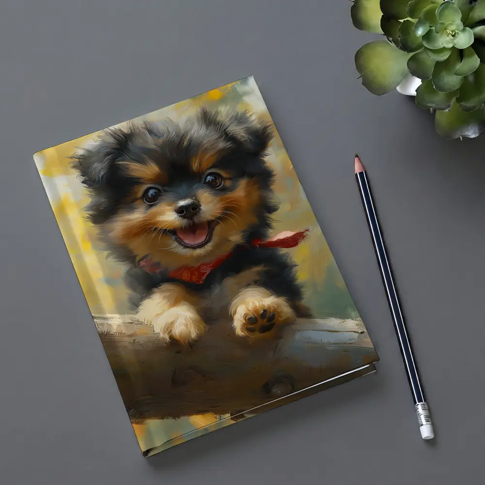 Happy Yorkie Puppy Oil Painting Yellow Background – Notebooks