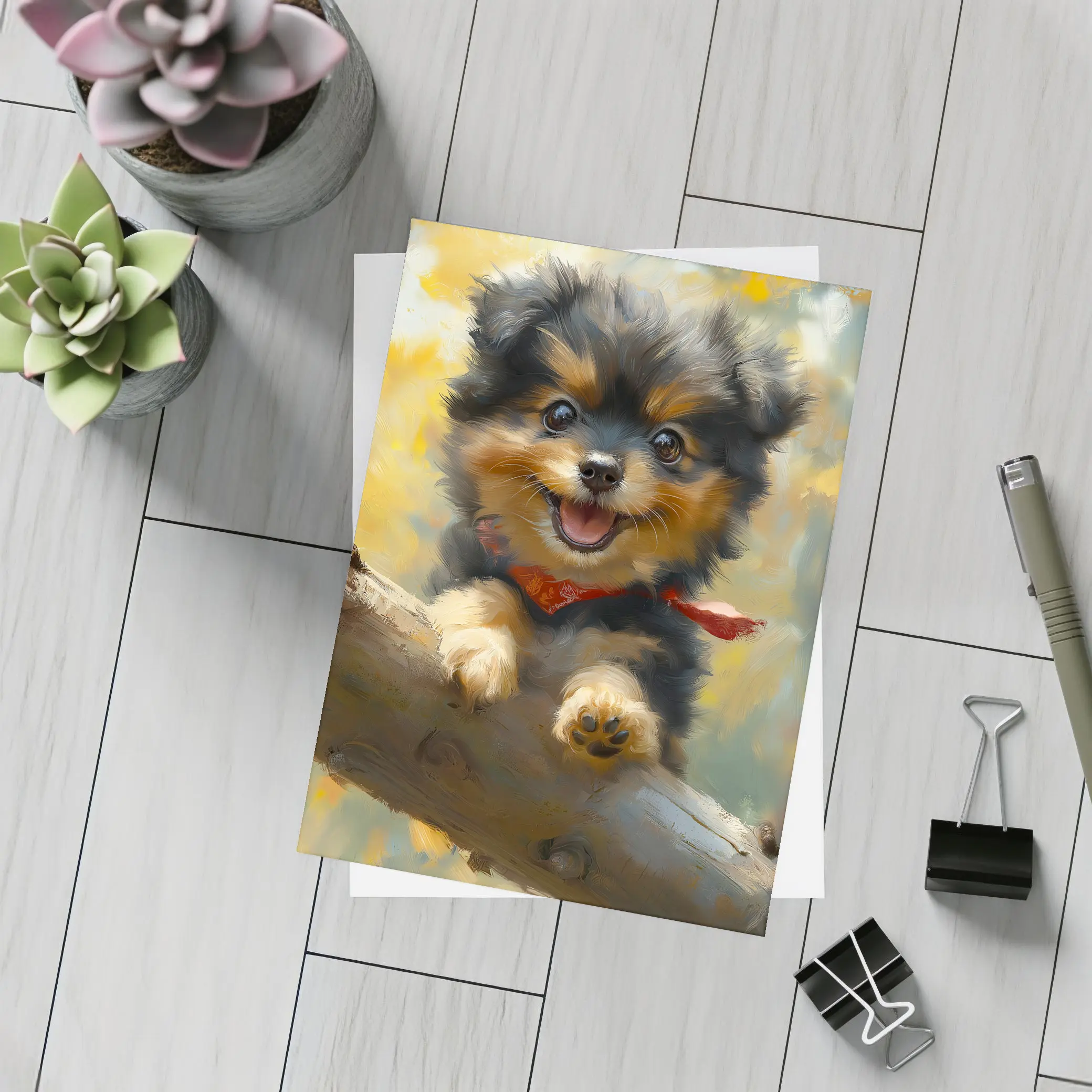 Happy Yorkie Puppy Oil Painting Yellow Background – Postcards