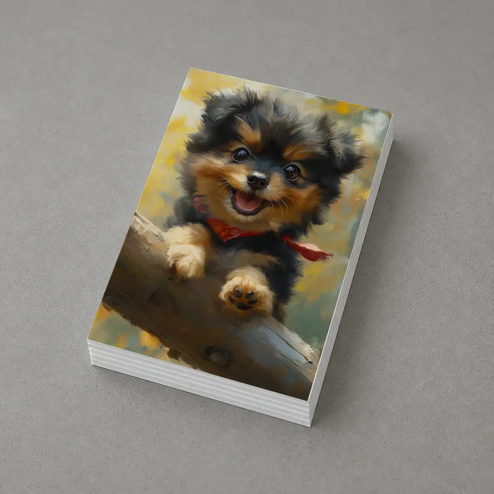 Happy Yorkie Puppy Oil Painting Yellow Background – Postcards