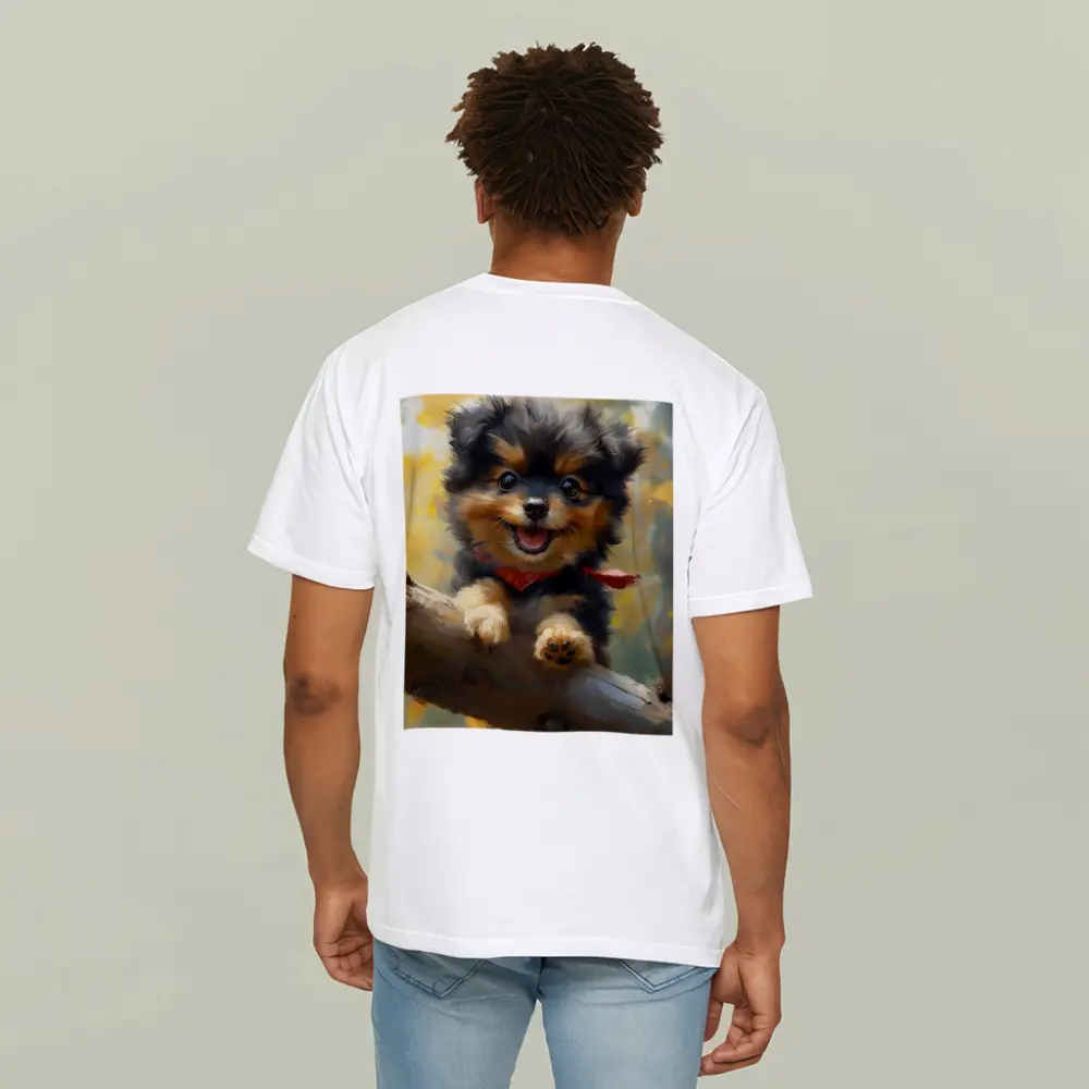 Happy Yorkie Puppy Oil Painting Yellow Background – T-Shirts