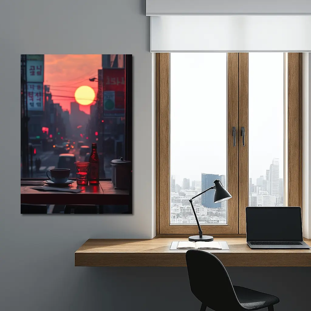 Seoul Street Sunset Coffee Shop Window View – Wall Art