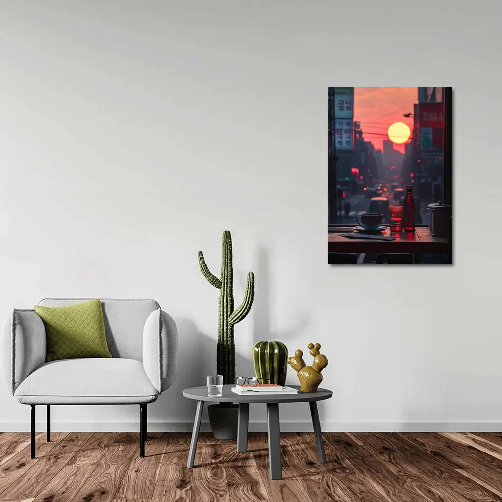 Seoul Street Sunset Coffee Shop Window View – Wall Art