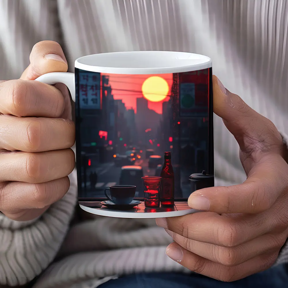 Seoul Street Sunset Coffee Shop Window View – Mugs