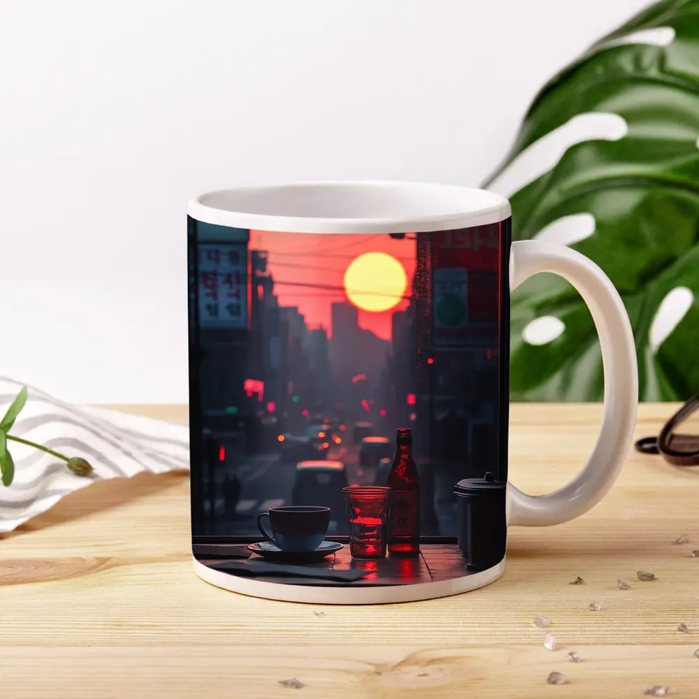 Seoul Street Sunset Coffee Shop Window View – Mugs