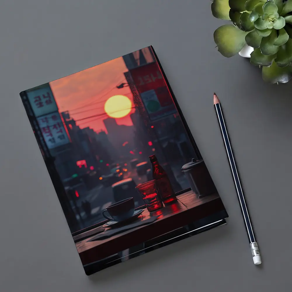 Seoul Street Sunset Coffee Shop Window View – Notebooks